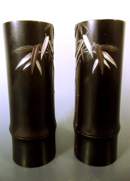PR JAPANESE MEIJI PERIOD ONLAID BRONZE BAMBOO VASES BY NOGAWA - ADDITIONAL PHOTO 1