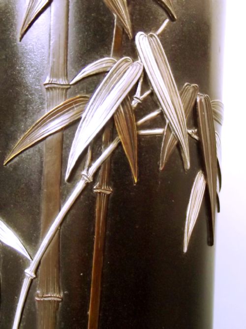 PR JAPANESE MEIJI PERIOD ONLAID BRONZE BAMBOO VASES BY NOGAWA - ADDITIONAL PHOTO 3