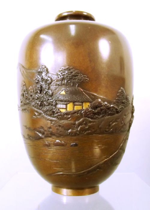 japanese meiji period chiselled bronze landscape vase signed - CATEGORY: ANTIQUE METAL - DATED 1890