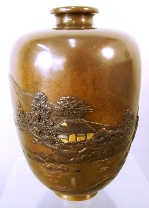 JAPANESE MEIJI PERIOD CHISELLED BRONZE LANDSCAPE VASE SIGNED - ADDITIONAL PHOTO 1