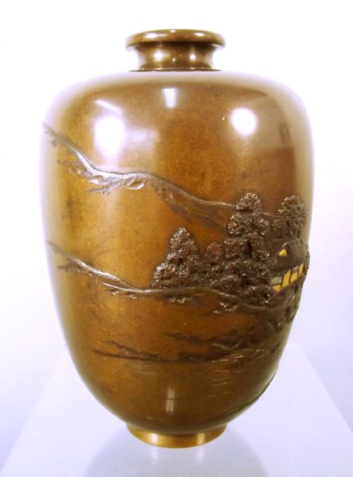 JAPANESE MEIJI PERIOD CHISELLED BRONZE LANDSCAPE VASE SIGNED - ADDITIONAL PHOTO 4