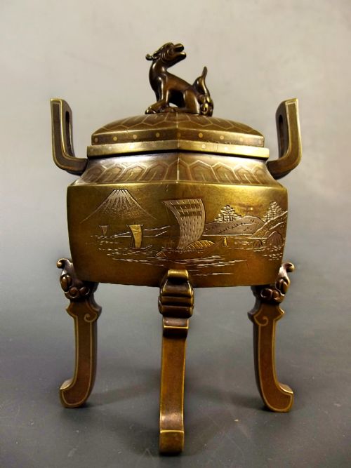 japanese meiji period inlaid bronze koro by nogawa - CATEGORY: ANTIQUE METAL - DATED 1890