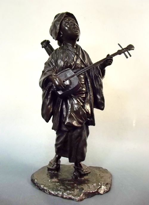 fine japanese meiji period tokyo school bronze shamisen player okimono - CATEGORY: ANTIQUE METAL - DATED 1890