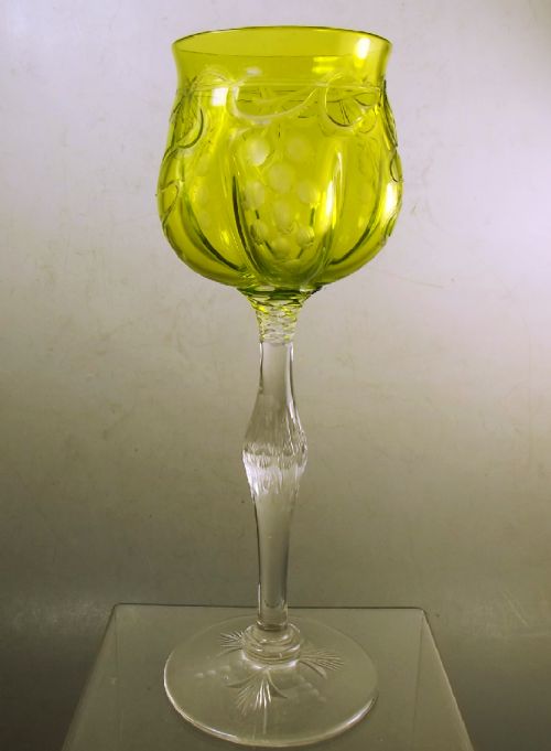 thomas webb lime green intaglio cut wine glass c1890 - CATEGORY: ANTIQUE GLASS - DATED 1890