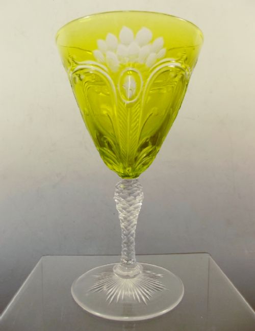 rare thomas webb intaglio cut lime green rock crystal peacock wine glass - CATEGORY: ANTIQUE GLASS - DATED 1890