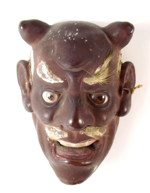 japanese meiji period lacquer oni noh mask with glass eyes - CATEGORY: ANTIQUE MISCELLANEOUS - DATED 1890