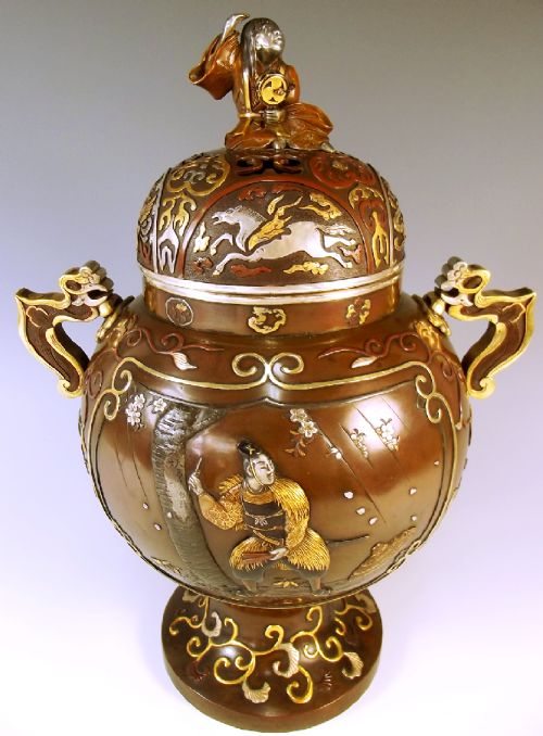 japanese meiji period mixed metal onlaid bronze koro and cover - CATEGORY: ANTIQUE METAL - DATED 1880