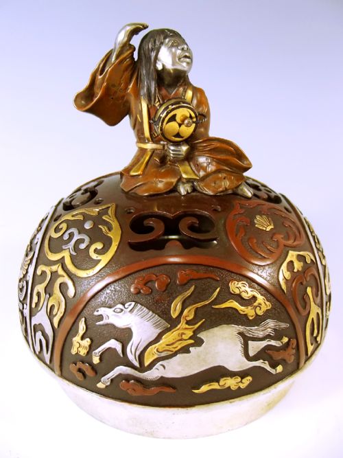JAPANESE MEIJI PERIOD MIXED METAL ONLAID BRONZE KORO AND COVER - ADDITIONAL PHOTO 11