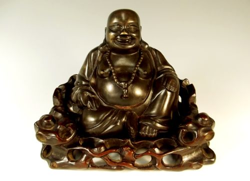19th c chinese bronze buddha in hardwood stand - CATEGORY: ANTIQUE METAL - DATED 19TH CENTURY