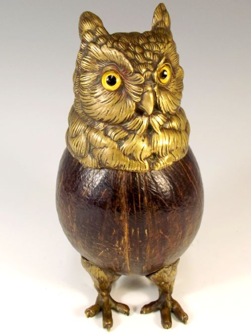 19th c bronze and coconut owl inkwell - CATEGORY: ANTIQUE MISCELLANEOUS - DATED 1880