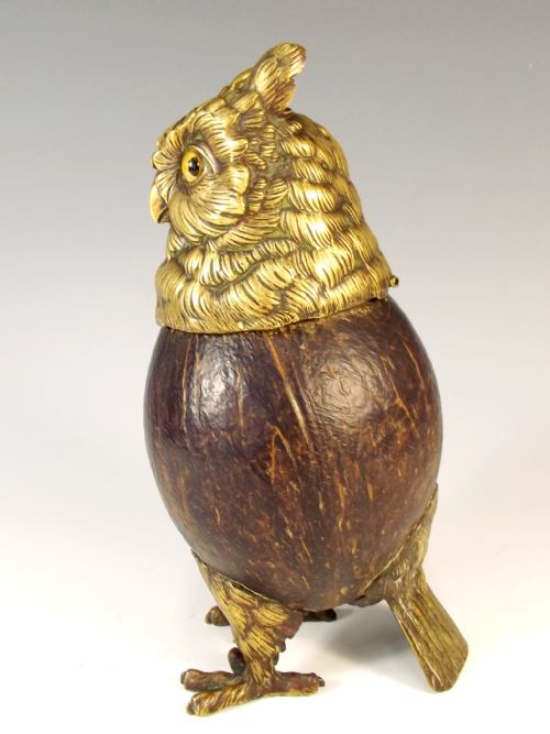 19TH C BRONZE AND COCONUT OWL INKWELL - ADDITIONAL PHOTO 1