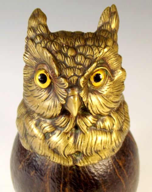 19TH C BRONZE AND COCONUT OWL INKWELL - ADDITIONAL PHOTO 5