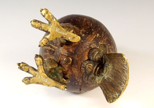 19TH C BRONZE AND COCONUT OWL INKWELL - ADDITIONAL PHOTO 6
