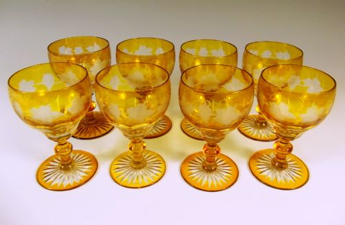set of eight bohemian engraved amber sherry glasses c1890 - CATEGORY: ANTIQUE GLASS - DATED 1890