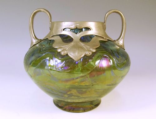 johann loetz iridescent green glass vase with pewter mounts - CATEGORY: ANTIQUE GLASS - DATED 1910