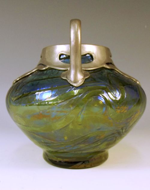 JOHANN LOETZ IRIDESCENT GREEN GLASS VASE WITH PEWTER MOUNTS - ADDITIONAL PHOTO 1