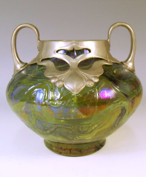 JOHANN LOETZ IRIDESCENT GREEN GLASS VASE WITH PEWTER MOUNTS - ADDITIONAL PHOTO 2