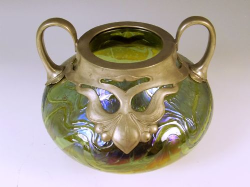 JOHANN LOETZ IRIDESCENT GREEN GLASS VASE WITH PEWTER MOUNTS - ADDITIONAL PHOTO 5