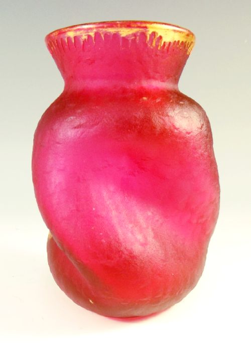 LEGRAS MONT JOYE ACID ETCHED ENAMEL RED GLASS VASE - ADDITIONAL PHOTO 1