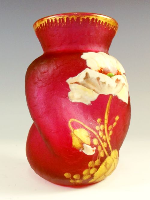 LEGRAS MONT JOYE ACID ETCHED ENAMEL RED GLASS VASE - ADDITIONAL PHOTO 3