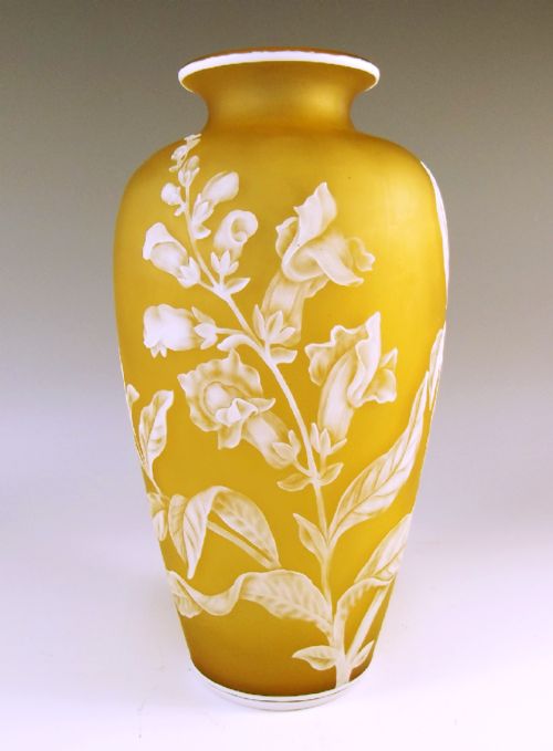 victorian stevens and williams cameo glass vase foxglove and beetle - CATEGORY: ANTIQUE GLASS - DATED 1890