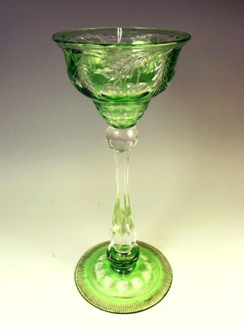 large stevens and williams green intaglio cut wine glass john orchard - CATEGORY: ANTIQUE GLASS - DATED 1890