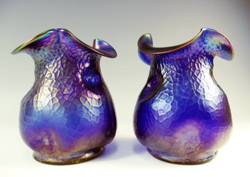 pair kralik electric blue irridescent glass vases - CATEGORY: ANTIQUE GLASS - DATED 1900