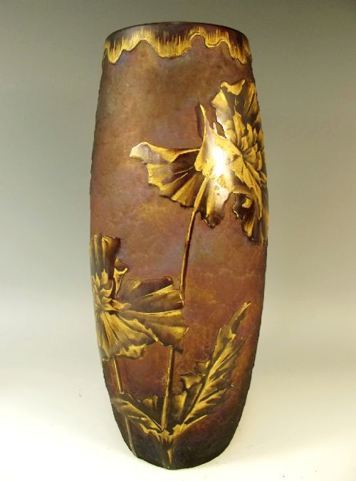 mauve legras mont joye cameo cut acid etched gilded glass poppy vase - CATEGORY: ANTIQUE GLASS - DATED 1900