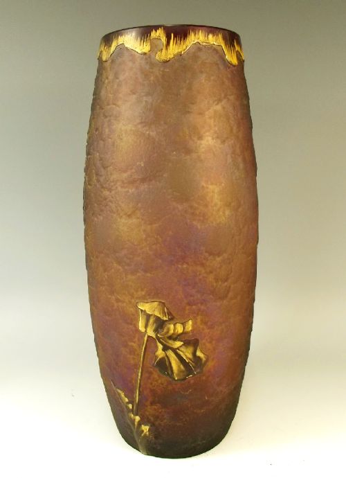MAUVE LEGRAS MONT JOYE CAMEO CUT ACID ETCHED GILDED GLASS POPPY VASE - ADDITIONAL PHOTO 2