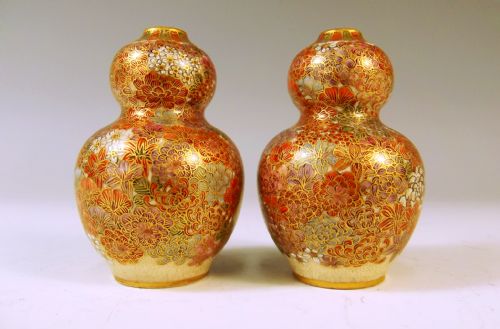 pair japanese satsuma millefiori gourd vases kizan - CATEGORY: ANTIQUE CERAMICS - DATED 1890