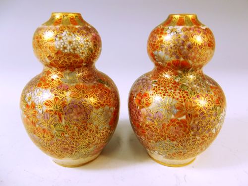 PAIR JAPANESE SATSUMA MILLEFIORI GOURD VASES KIZAN - ADDITIONAL PHOTO 1