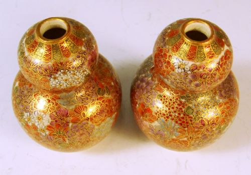 PAIR JAPANESE SATSUMA MILLEFIORI GOURD VASES KIZAN - ADDITIONAL PHOTO 2