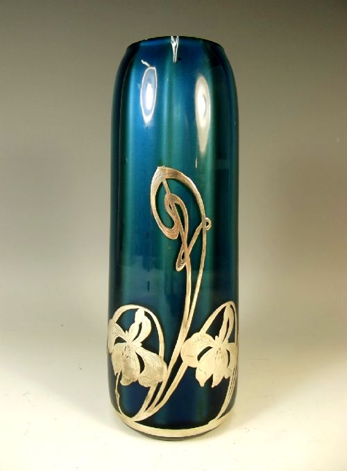 loetz blue metallin silver overlaid glass vase - CATEGORY: ANTIQUE GLASS - DATED 1900