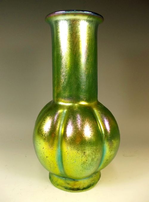 loetz melon ribbed goldiris glass vase - CATEGORY: ANTIQUE GLASS - DATED 1910