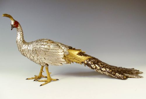 japanese meiji period silvered bronze peacock okimono - CATEGORY: ANTIQUE SCULPTURES - DATED 1890