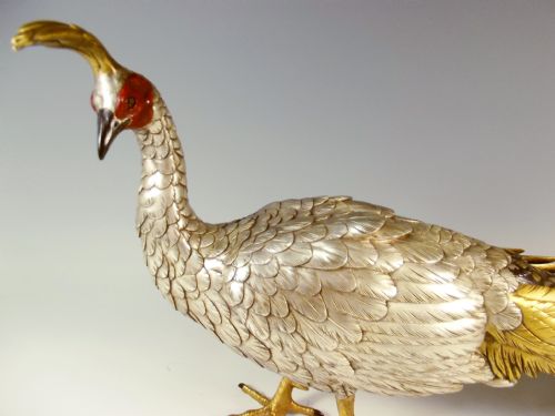 JAPANESE MEIJI PERIOD SILVERED BRONZE PEACOCK OKIMONO - ADDITIONAL PHOTO 1