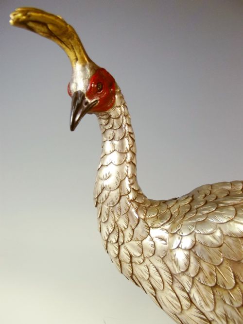JAPANESE MEIJI PERIOD SILVERED BRONZE PEACOCK OKIMONO - ADDITIONAL PHOTO 2