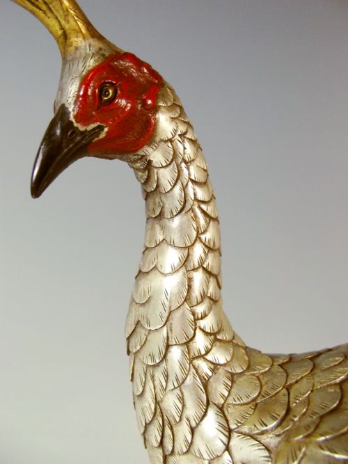 JAPANESE MEIJI PERIOD SILVERED BRONZE PEACOCK OKIMONO - ADDITIONAL PHOTO 4
