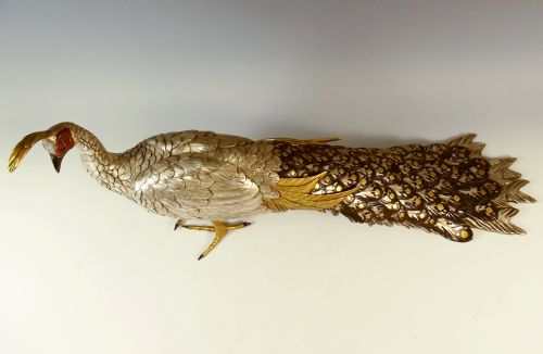 JAPANESE MEIJI PERIOD SILVERED BRONZE PEACOCK OKIMONO - ADDITIONAL PHOTO 5
