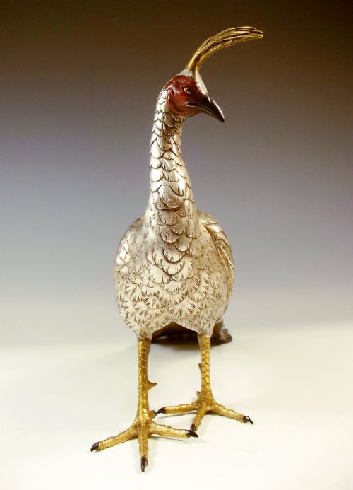 JAPANESE MEIJI PERIOD SILVERED BRONZE PEACOCK OKIMONO - ADDITIONAL PHOTO 7