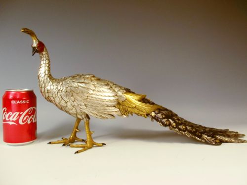 JAPANESE MEIJI PERIOD SILVERED BRONZE PEACOCK OKIMONO - ADDITIONAL PHOTO 10