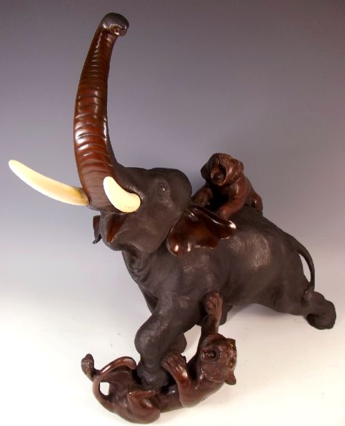 LARGE JAPANESE MEIJI PERIOD BRONZE ELEPHANT TIGER GROUP OKIMONO - ADDITIONAL PHOTO 5