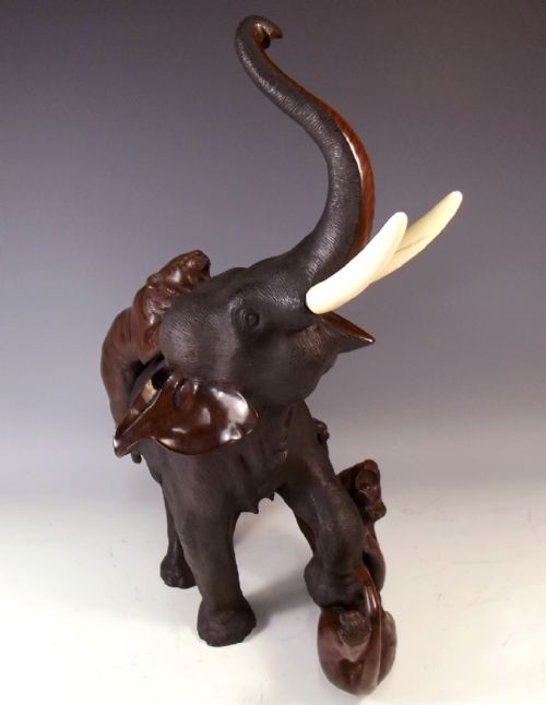 LARGE JAPANESE MEIJI PERIOD BRONZE ELEPHANT TIGER GROUP OKIMONO - ADDITIONAL PHOTO 7