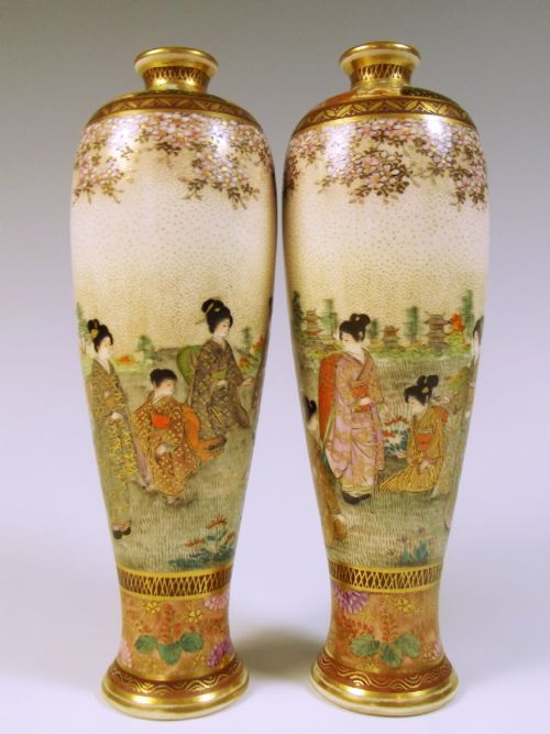 pair japanese meiji period satsuma geisha vases - CATEGORY: ANTIQUE VASES - DATED 1890