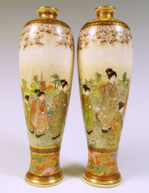 PAIR JAPANESE MEIJI PERIOD SATSUMA GEISHA VASES - ADDITIONAL PHOTO 1