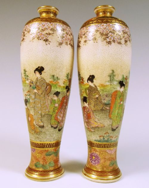 PAIR JAPANESE MEIJI PERIOD SATSUMA GEISHA VASES - ADDITIONAL PHOTO 2