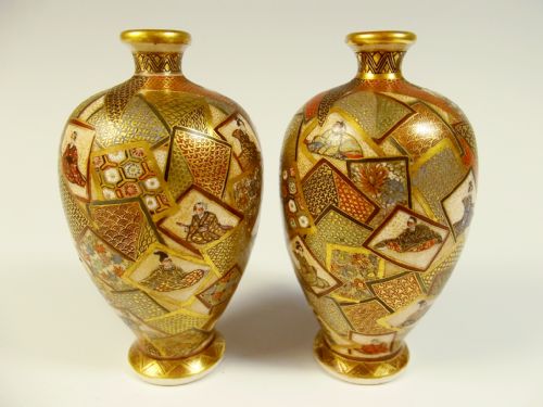 pair japanese meiji period multi panelled satsuma vases - CATEGORY: ANTIQUE VASES - DATED 1890