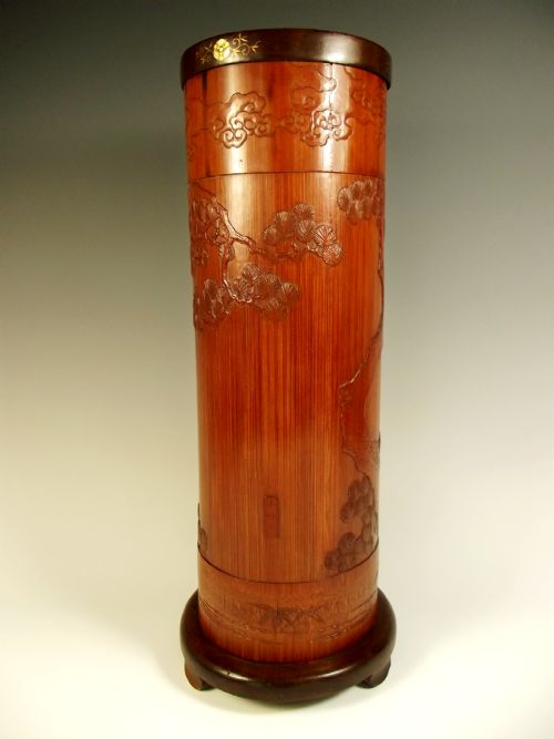 JAPANESE MEIJI PERIOD BAMBOO POT WITH INLAID IRON MOUNT - ADDITIONAL PHOTO 4