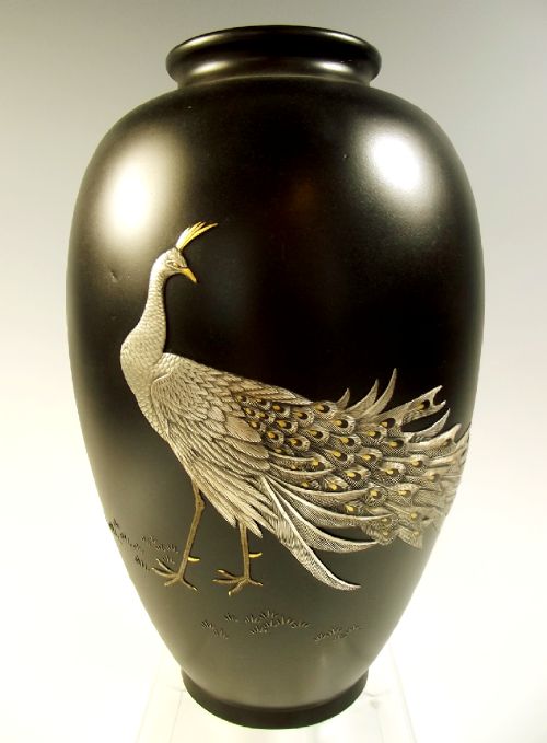 japanese meiji period bronze onlaid peacock vase - CATEGORY: ANTIQUE METAL - DATED 1890