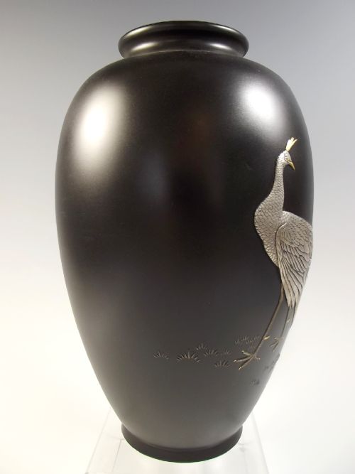 JAPANESE MEIJI PERIOD BRONZE ONLAID PEACOCK VASE - ADDITIONAL PHOTO 6